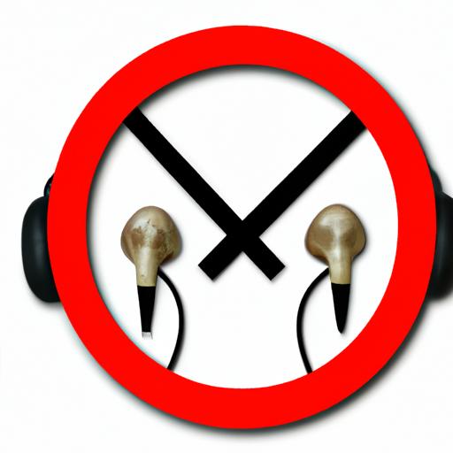 Earbuds with a warning sign indicating the risk of tinnitus.