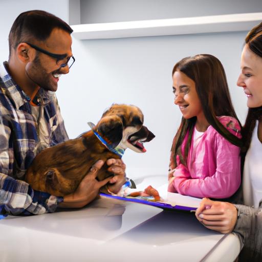 The family engages in a thoughtful conversation with their veterinarian about pet health insurance deductibles for their beloved dog.