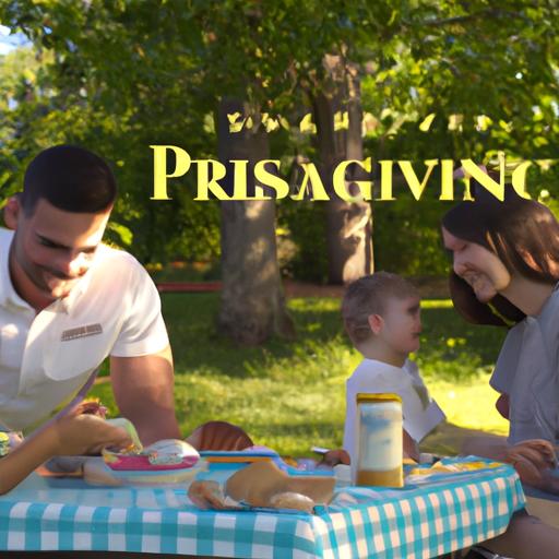 A family having a picnic with the progressive insurance logo in the background.