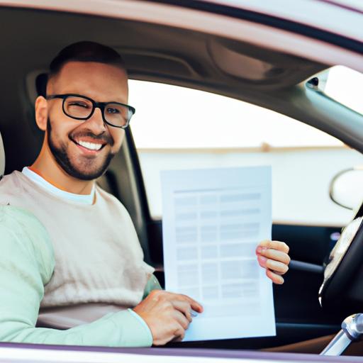 A happy Progressive Insurance customer showing their policy documents in their car.