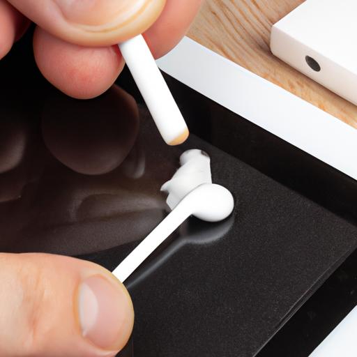 Using adhesive putty to safely remove a broken earbud from an iPad.