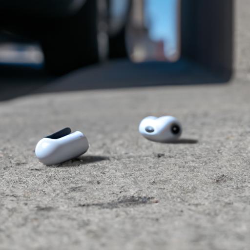 Lost wireless earbuds left behind on a bustling city sidewalk.